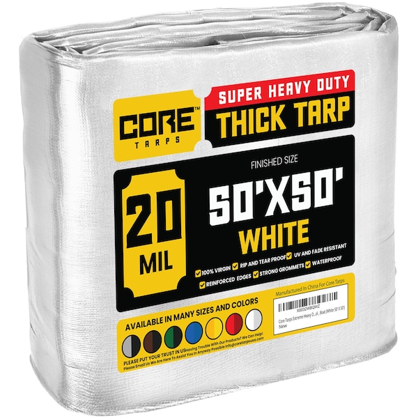 Core Tarps Heavy Duty Tarp, 50 ft L x 0.5 mm H x 50 ft W, 20 Mil, White, Polyethylene CT-704-50X50 - main
